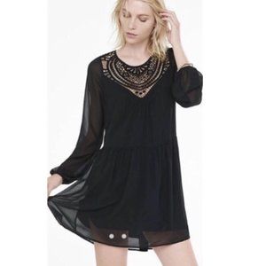 Express LBD little black dress Crochet lace yoke long sleeve boho mini dress S